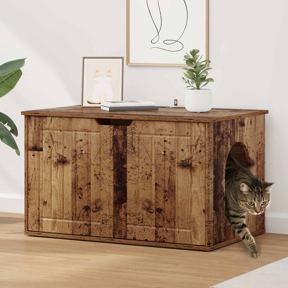 Kattenhuis oud hout-look 85 x 55 x 50,5 cm Bewerkt hout